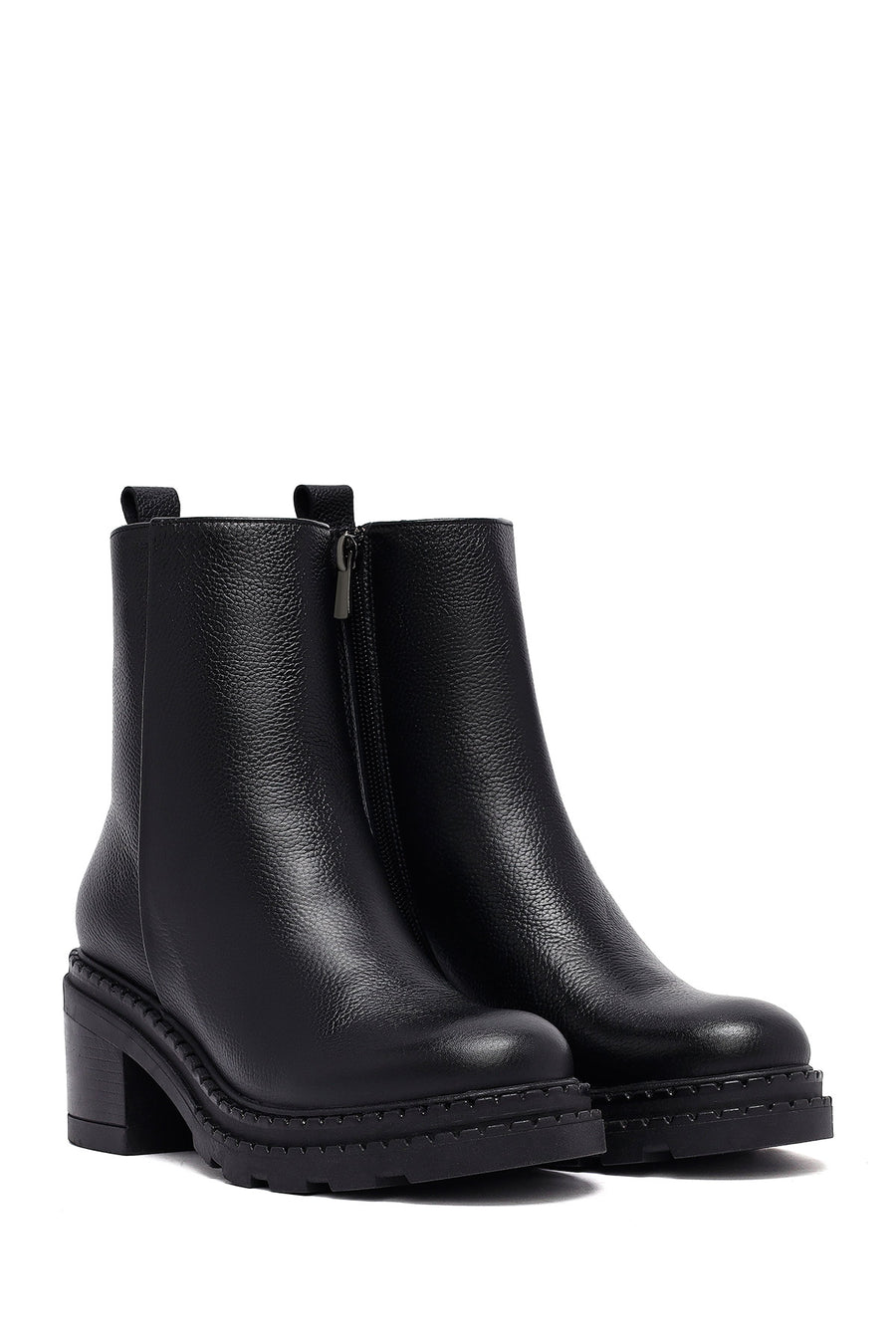 Woman Black Zip Closure Thick-Heeled Leather Boots