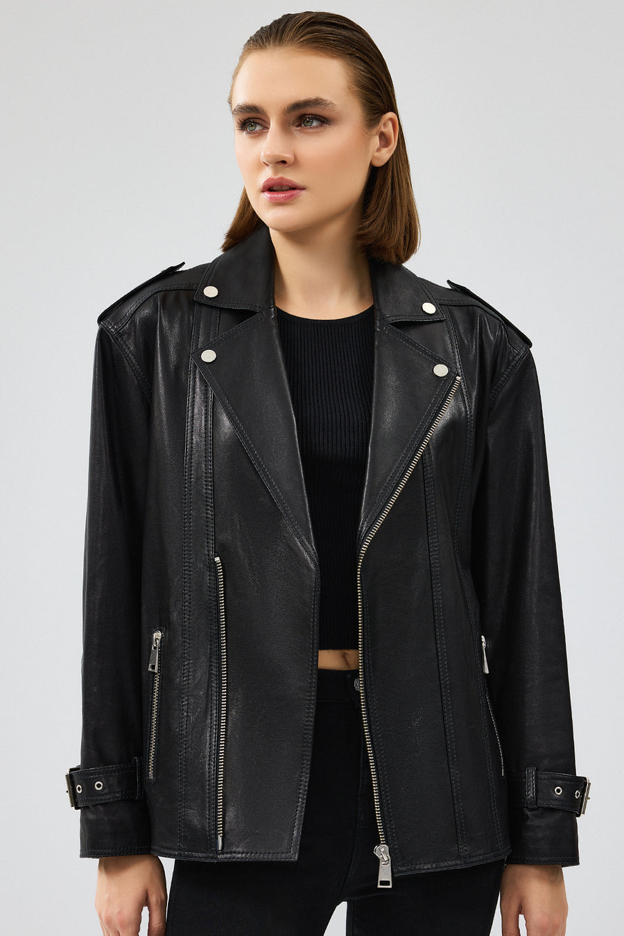 Zendaya Women's Black Belt Detailed Biker Leather Jacket