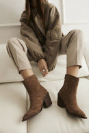 Woman Tan Zip Closure Chunky High-Heel Suede Boots | Derimod