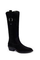 Woman Black Short Thick-Heeled Suede Cowboy Boots | Derimod