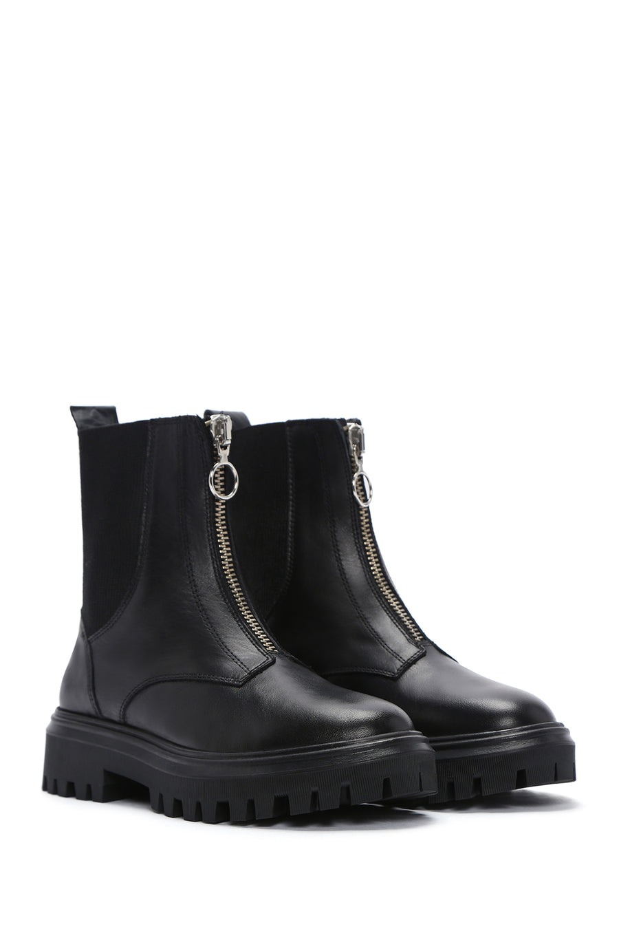 Women's Black Thick Soled Zippered Leather Boots