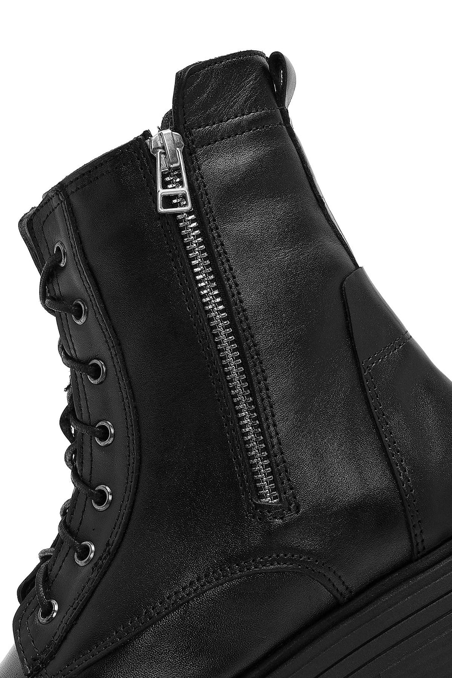 Women's Black Double Zipper Lace-Up Leather Combat Boots