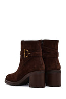 Women's Brown Zippered Thick Heel Suede Leather Boots | Derimod