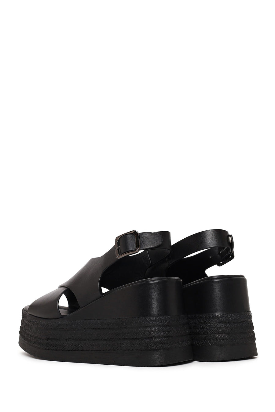 Woman Black Ankle-Buckle Wedge-Heel Leather Sandal