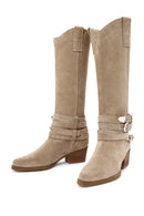 Women's Beige Thick Heel Buckle Detailed Suede Leather Cowboy Boots | Derimod