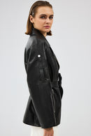 Adriana Women's Black Double Collar Leather Jacket | Derimod