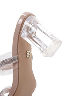 Women's Beige Stone Transparent Thick Heeled Slippers | Derimod