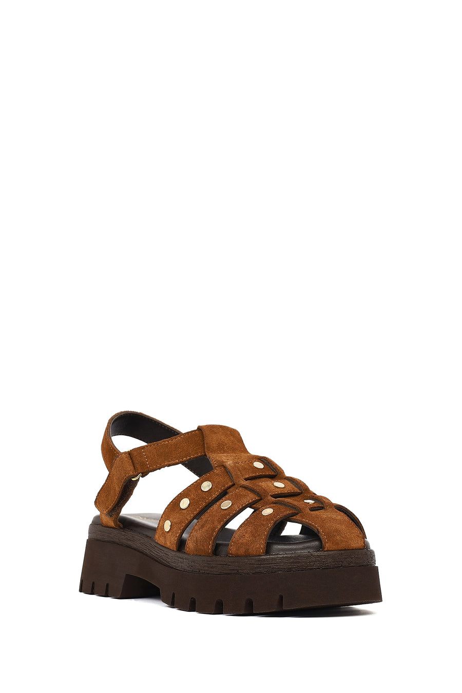 Woman Tan Strappy Thick-Soled Suede Leather Sandals