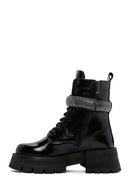 Women's Black Leather Stone Thick Soled Boots | Derimod