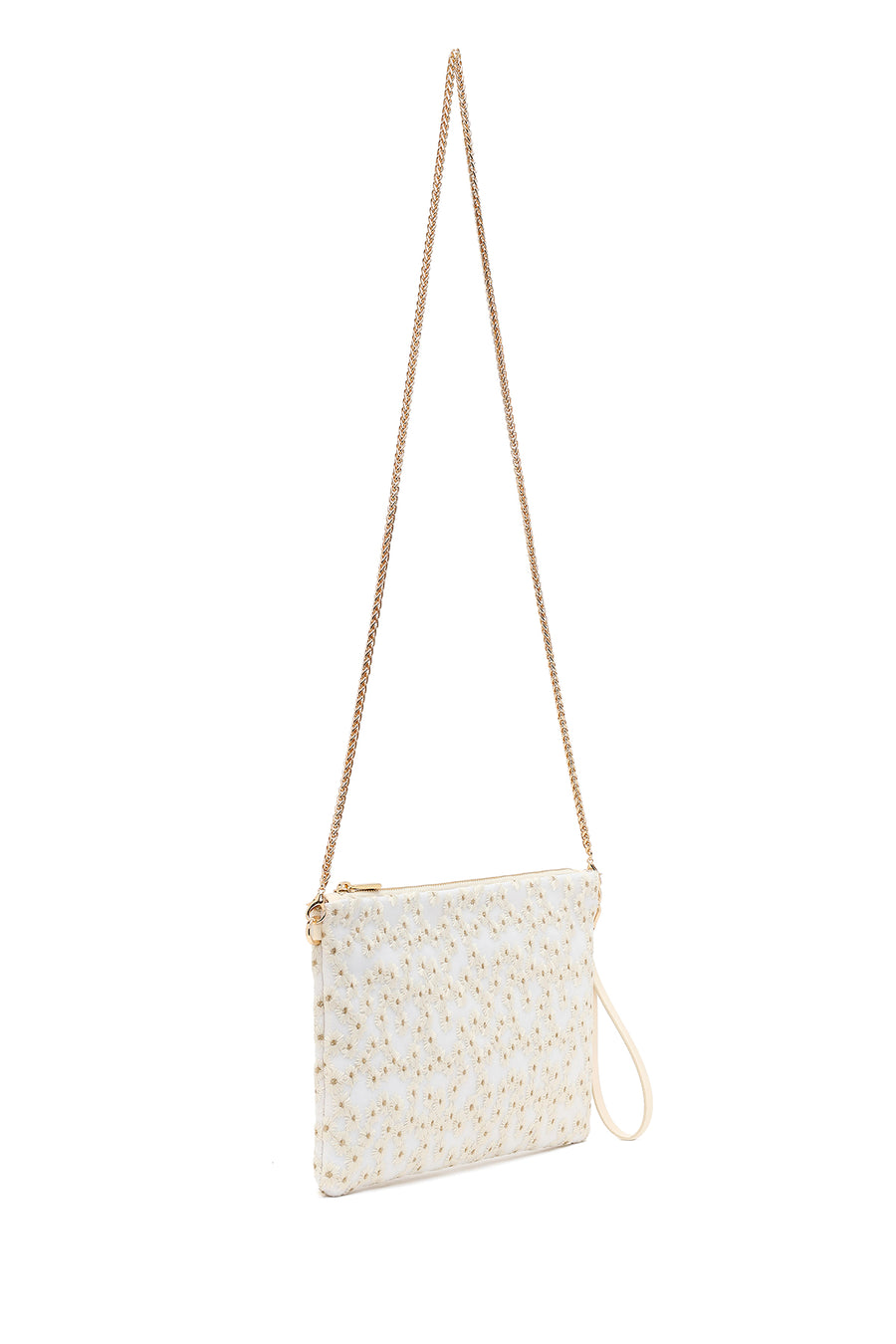 Woman Beige Long Chain Strap Patterned Clutch Bag