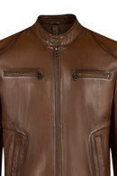 Christ Male Brown Mandarin Collar Leather Jacket | Derimod