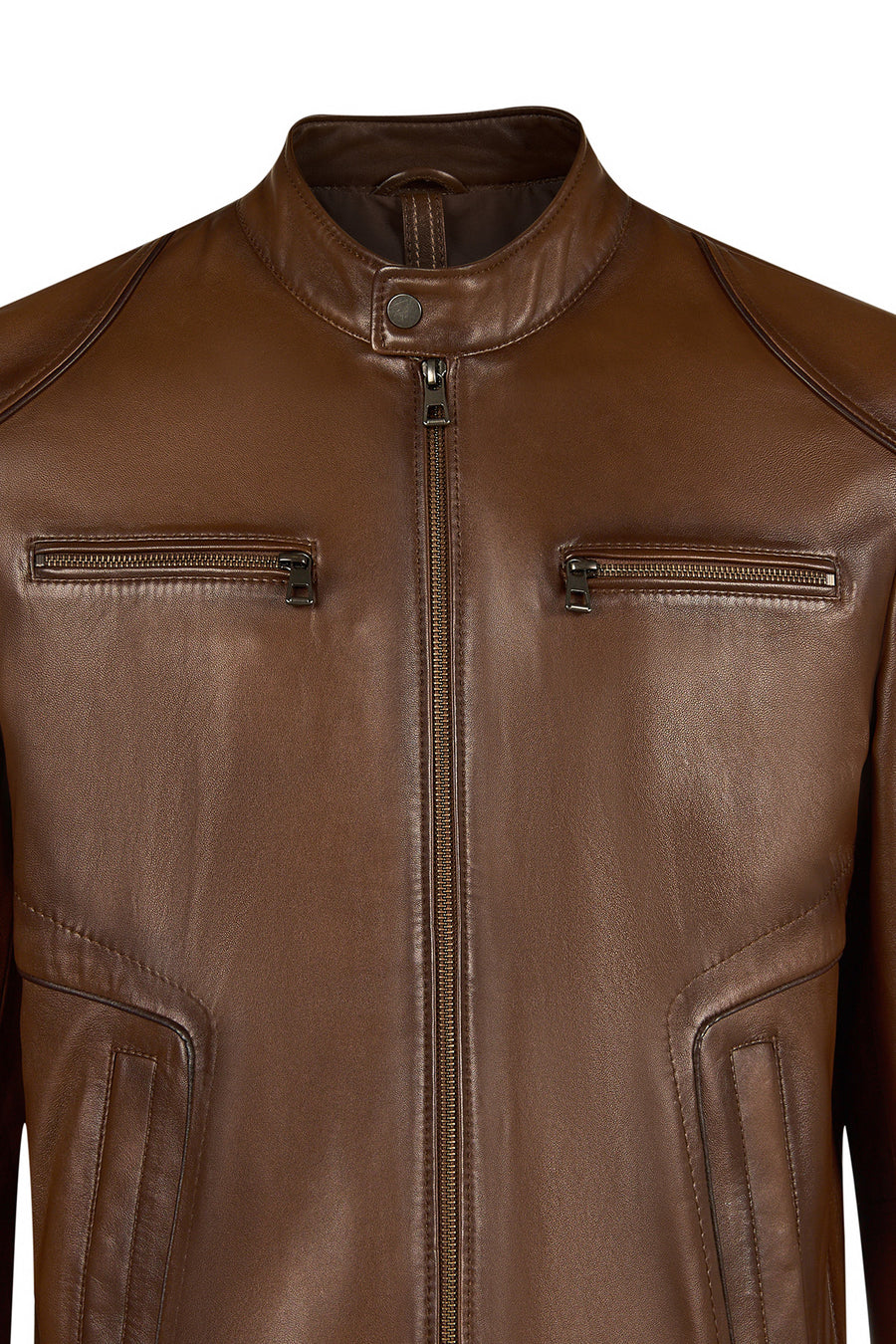 Christ Male Brown Mandarin Collar Leather Jacket