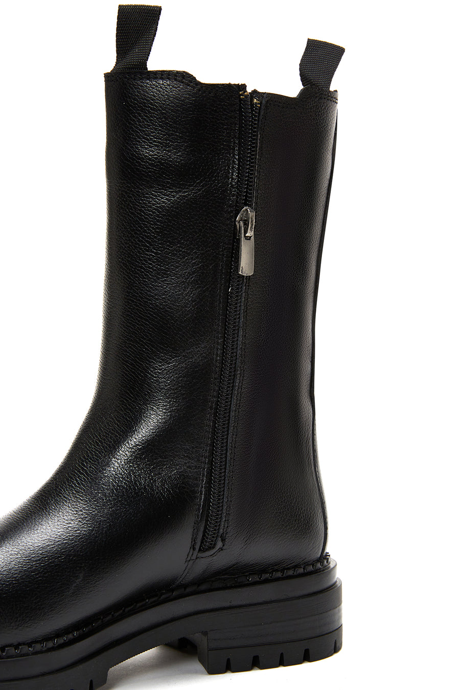 Women's Black Leather Zippered Flat Boots