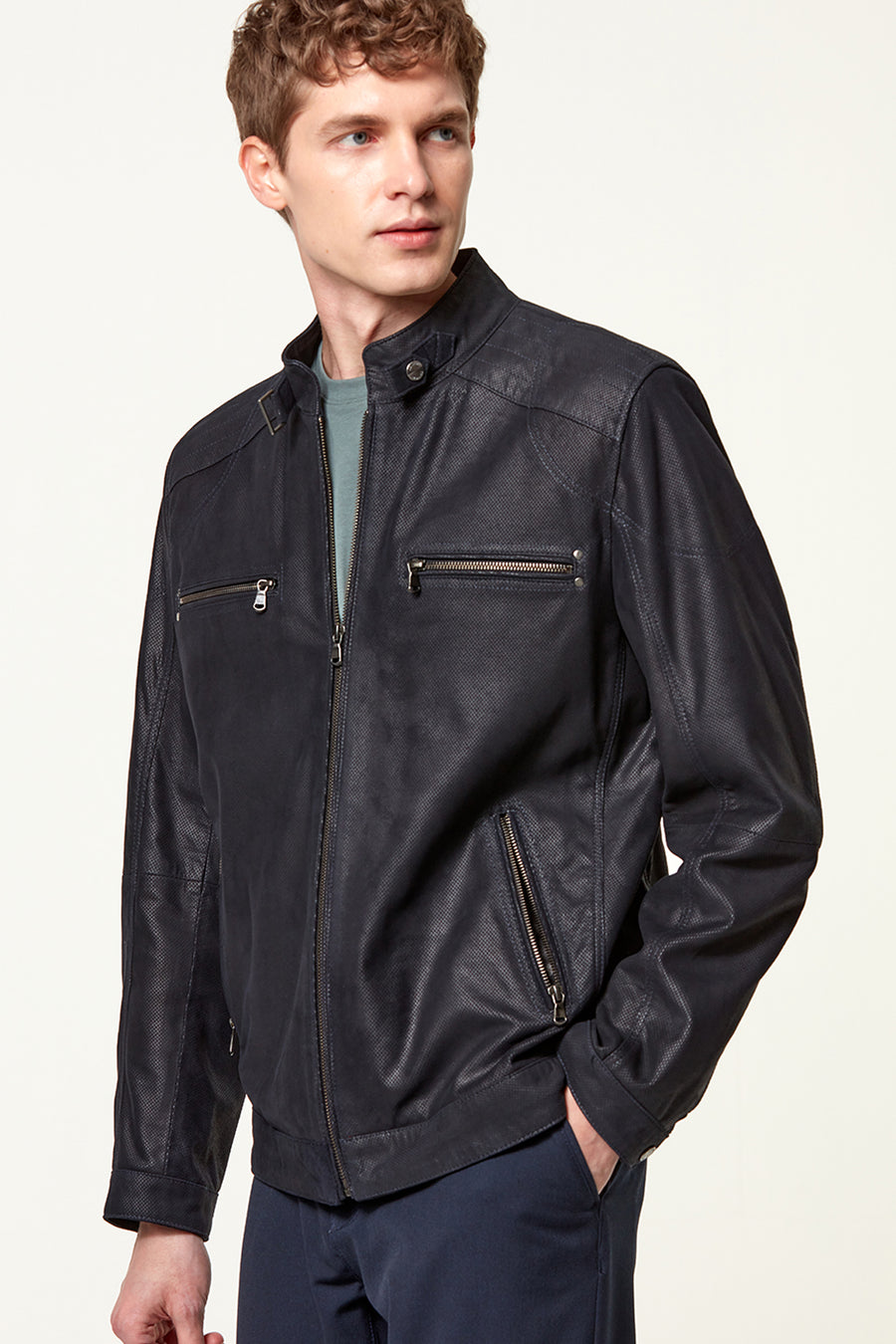 Maxim Men's Navy Blue Suede Printed Leather Jacket 21SGE6165SB | Derimod