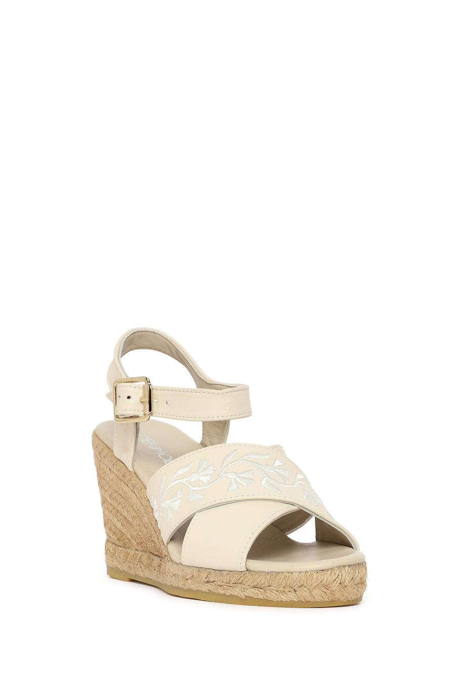 Woman Cream Ankle-Buckle Wedge-Heel Leather Espadrille Sandals