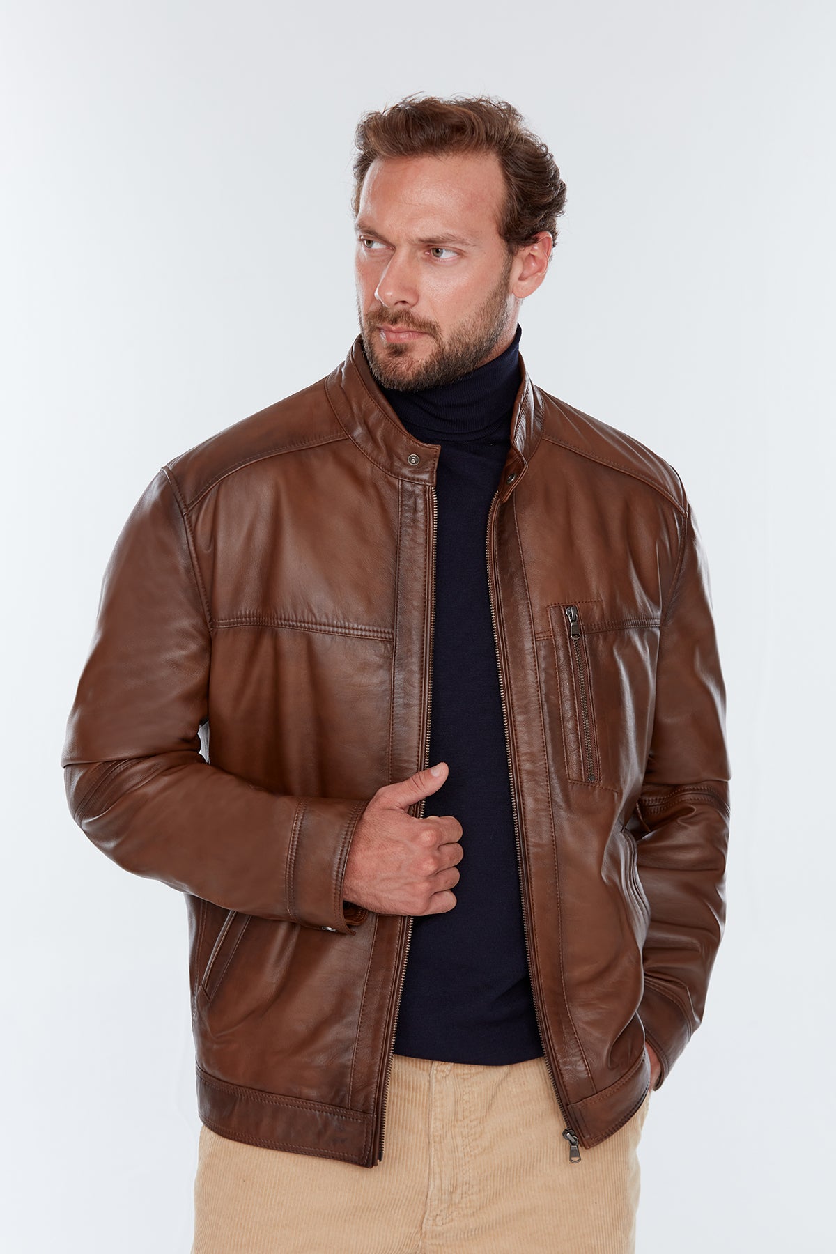 Ford (Plus) Men's Cognac Leather Jacket 19WGE635447 | Derimod