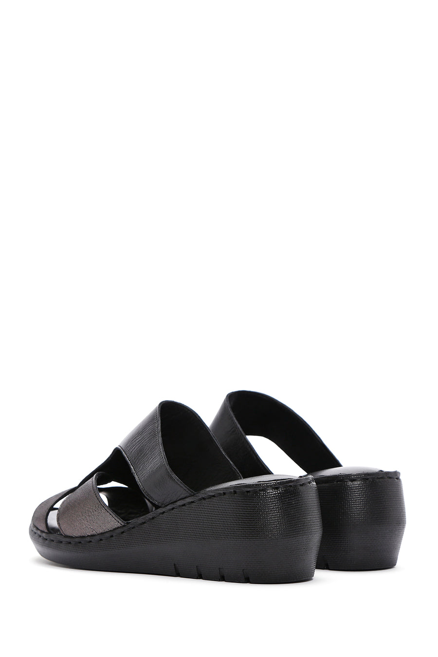 Women's Black Wedge Heeled Leather Comfort Slippers