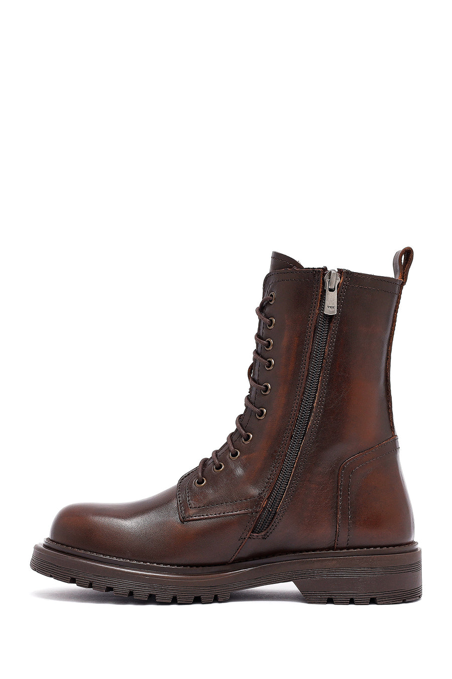 Woman Brown Zippered Leather Postal Boots