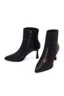 Woman Black Zip Closure Braided Thin-Heeled Leather Boots | Derimod