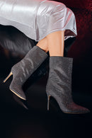 Women's Anthracite Stone Thin Heeled Leather Boots | Derimod