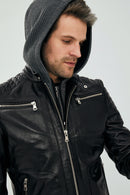 Danger Black Men's Hooded Sports Leather Jacket | Derimod