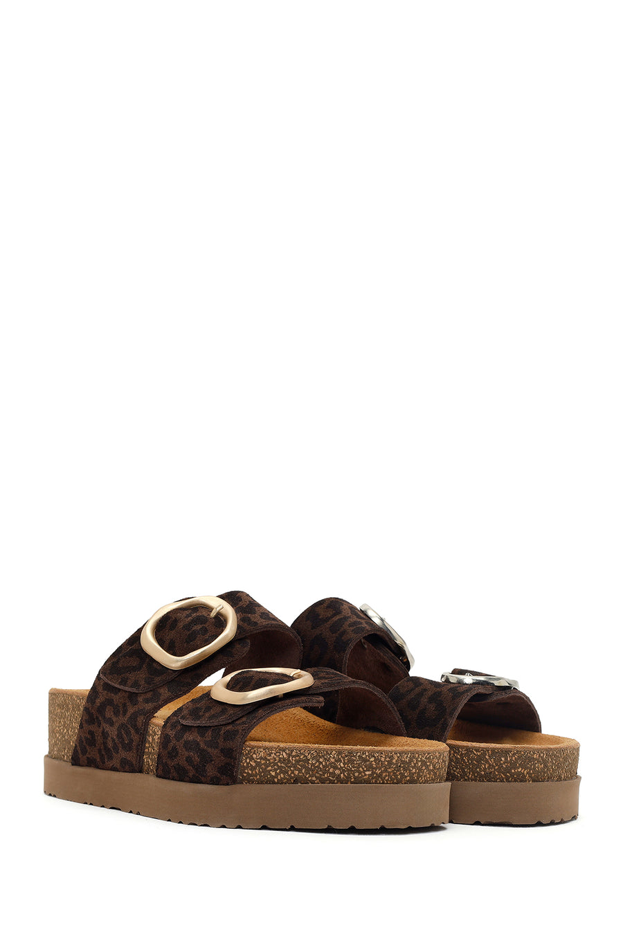 Women's Brown Double Buckle Leopard Print Chunky Sole Suede Leather Slippers