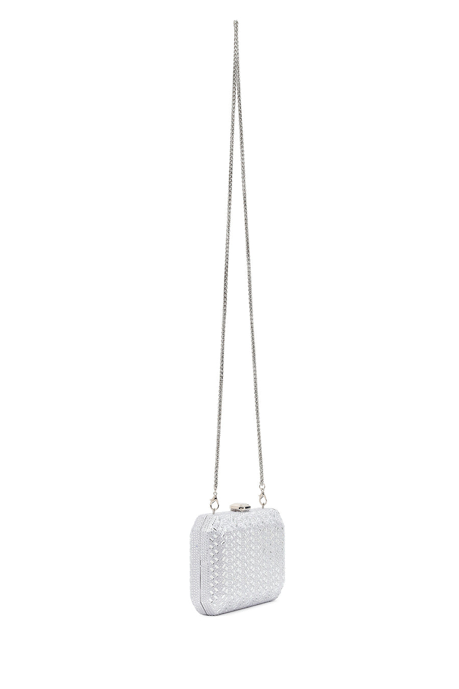Woman Silver Long Chain Strap Stone-Embellished Mini Box Evening Bag