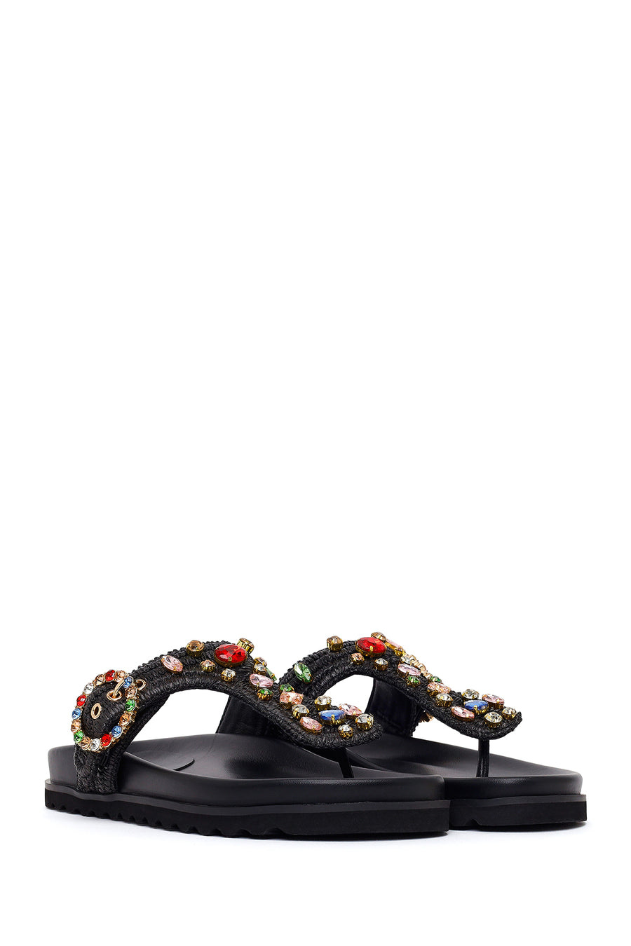 Woman Black Rhinestone Straw Flip-Flops