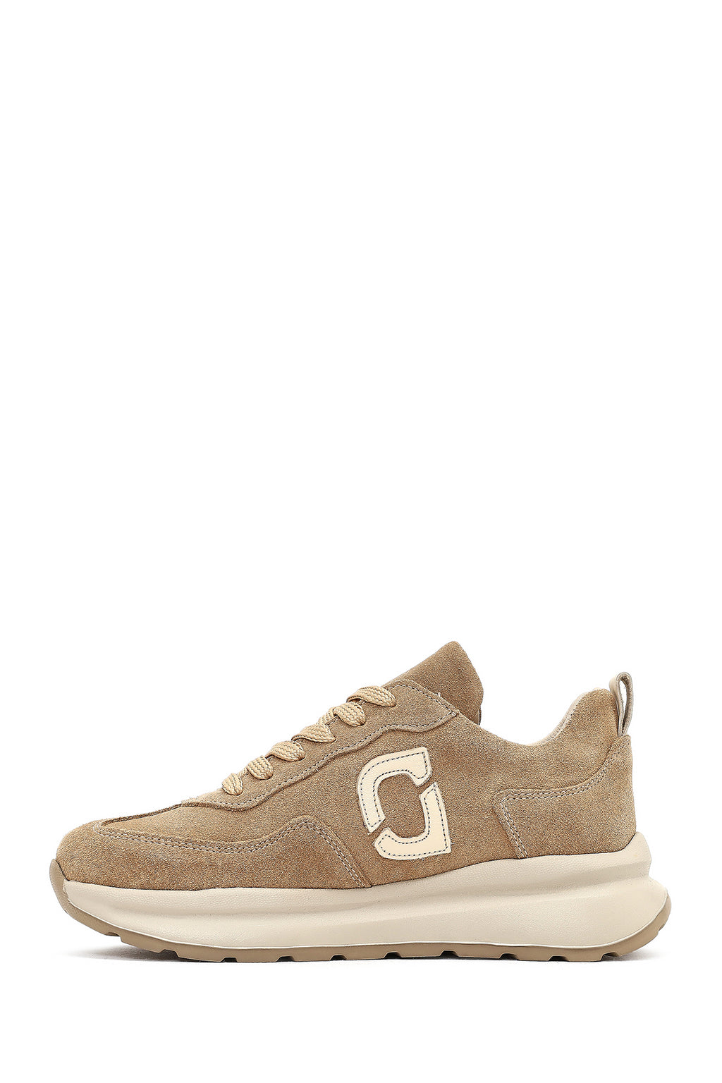 Kadın Bej Bağcıklı Kalın Tabanlı Süet Deri Sneaker