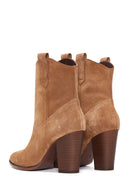 Women's Tan Suede Leather Cowboy Heeled Boots | Derimod