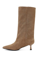 Women's Beige Thin Heeled Suede Leather Boot | Derimod