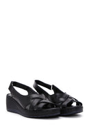 Women's Black Wedge Heeled Leather Comfort Sandals with Ankle Strap | Derimod