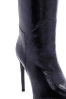 Women's Navy Blue Leather Thin Heeled Boots | Derimod