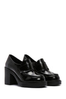 Women's Black Thick High Heel Leather Masculine Loafer | Derimod