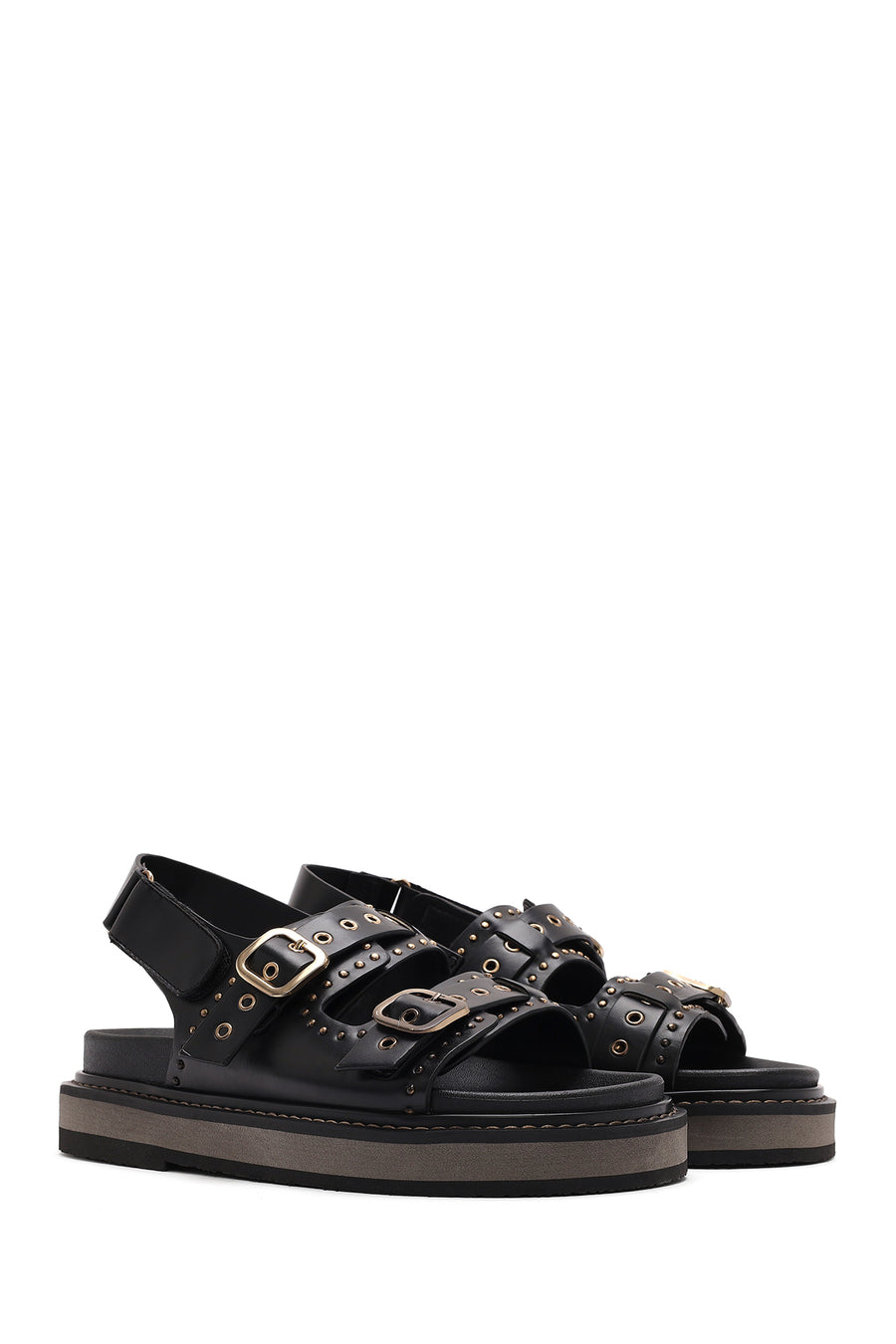 Women's Black Buckled Thick Soled Sandals