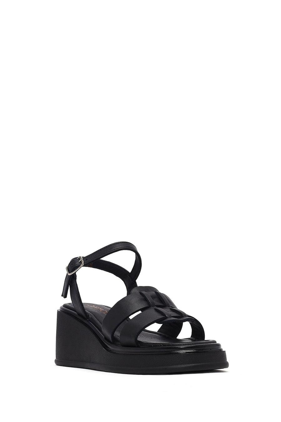 Women's Black Ankle Buckle Wedge Heel Leather Sandals