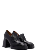 Women's Black Thick High Heel Leather Masculine Loafer | Derimod