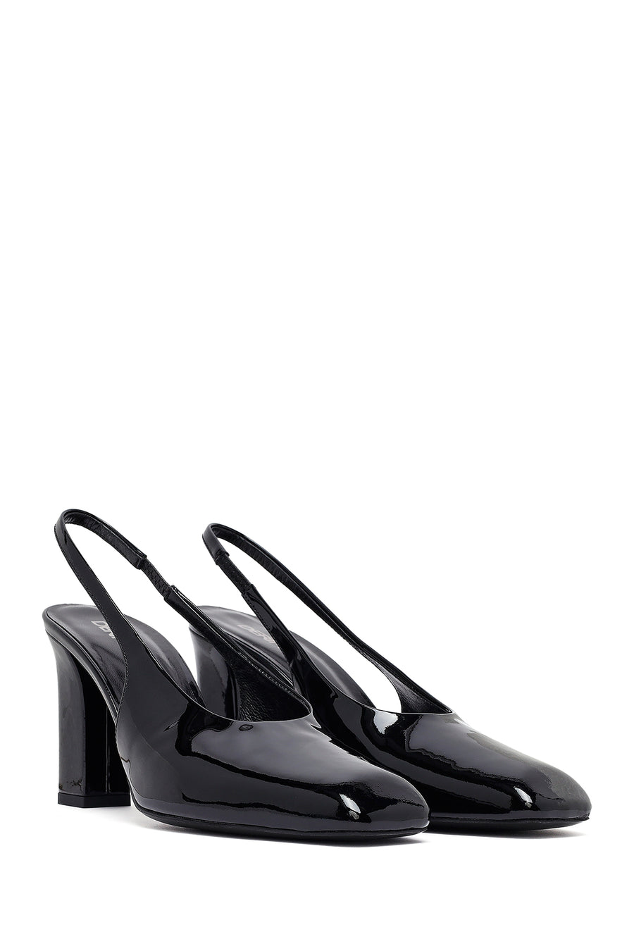 Woman Black Patent Leather Slingback Thick Heel Leather Shoe