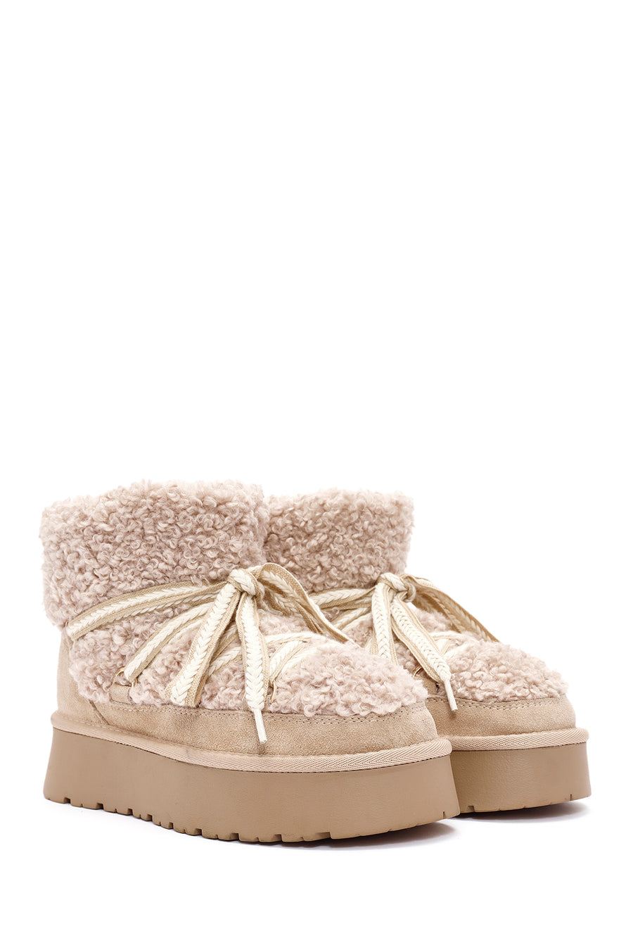Women's Beige Thick-Soled Fur-Lined Leather Boots