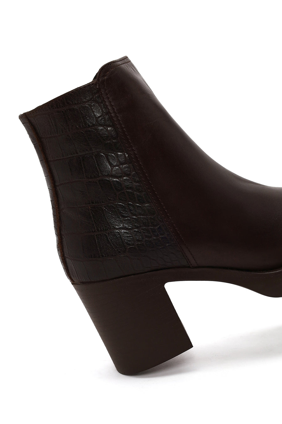 Woman Brown Zip Closure Croc Patterned Platform Chunky Heeled Leather Boots