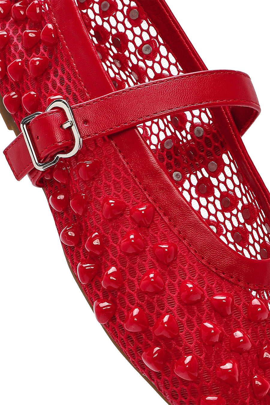 Women's Red Buckled Stoned Fishnet Ballerinas
