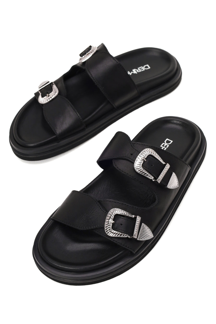Woman Black Double-Buckle Leather Slipper