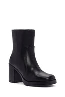 Women's Black Zippered Thick Heeled Leather Boots | Derimod