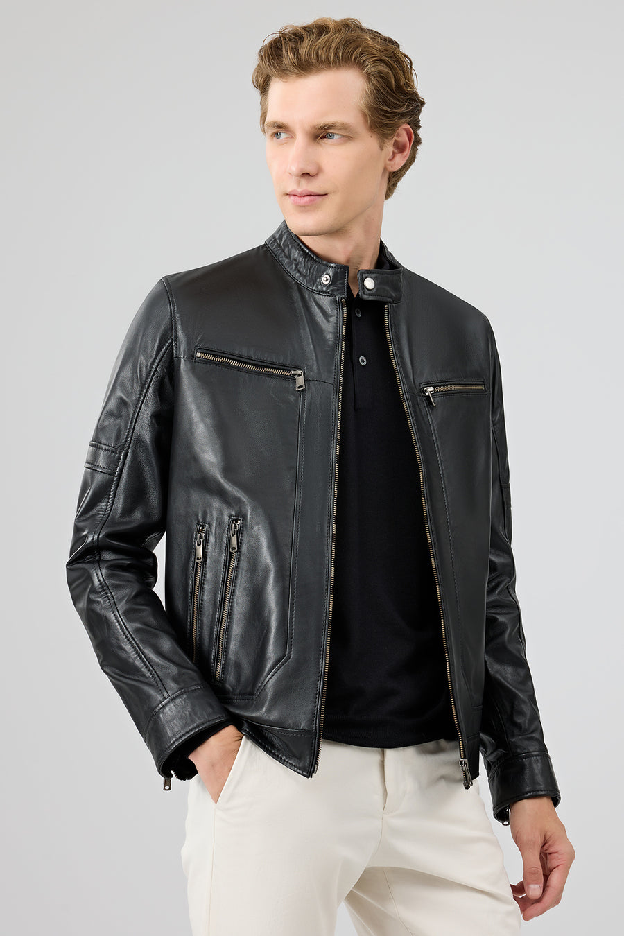 Patrick Men's Black Judge Collar Leather Jacket