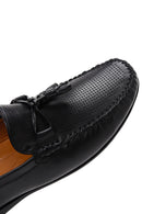 Men's Black Leather Printed Tassel Loafer | Derimod