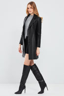 Christina Women's Black Fur Long Leather Coat | Derimod