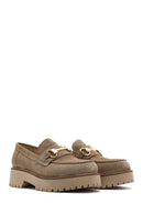 Women's Beige Thick-Soled Accessory Suede Leather Masculine Loafer | Derimod