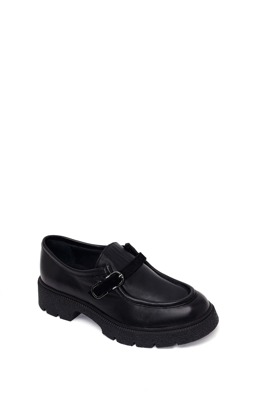 Kadın Siyah Tokalı Kalın Tabanlı Deri Maskülen Loafer