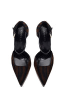 Woman Brown Ankle Buckle Platform Feather-Detail High Thin-Heeled Leather Shoes | Derimod