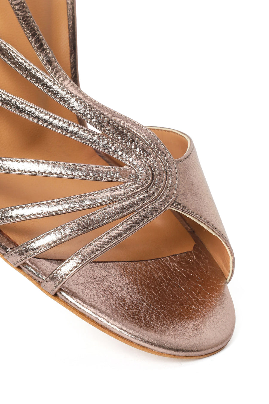 Women's Pink Ankle Buckle High Thin Heel Metallic Leather Sandals